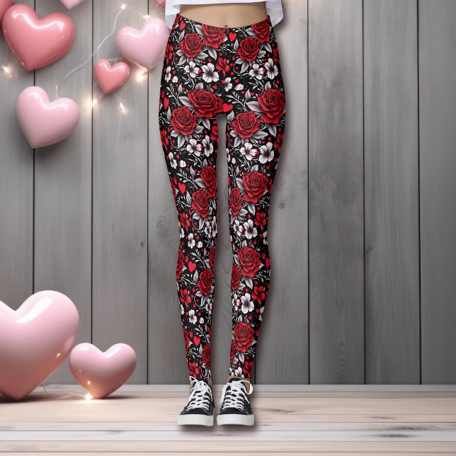 Leggings Jolie, Rouge, Roses noires et blanches, Coeurs (Créateur téléchargé)