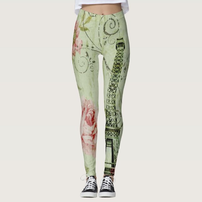 Leggings jolie tour de paris fleurie rose à la menthe de pr (Devant)