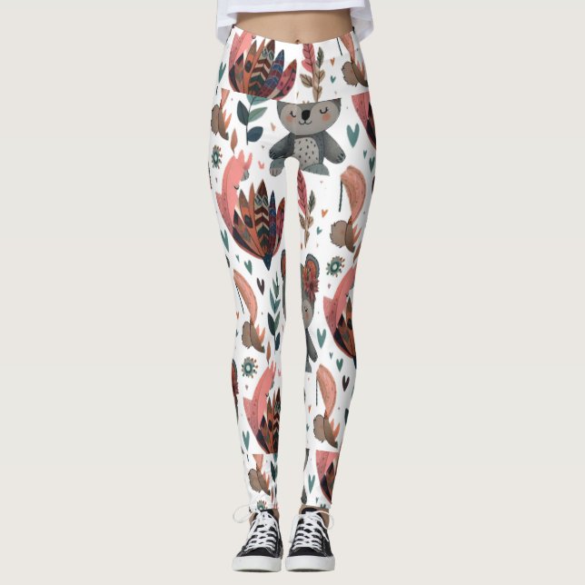 Leggings jolies fleurs d'animaux et art motif feuille (Devant)