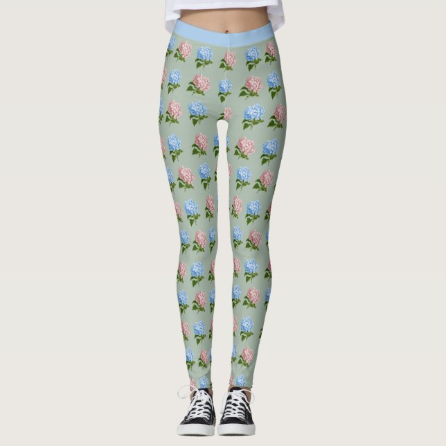 Leggings Jolies fleurs d'Hydrangée bleu rose Floral Yoga (Devant)