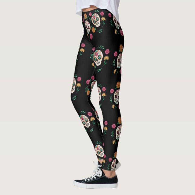 Leggings Jour des Morts crânes et fleurs de sucre Noir (Gauche)