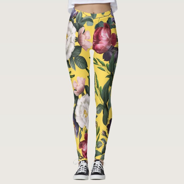 Leggings Joyeuses jolies fleurs d'été boho jaune clair (Devant)
