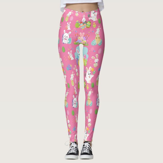 Leggings Joyeux Jour de Pâques - Motif Drôle Lapin Et Oeufs (Devant)