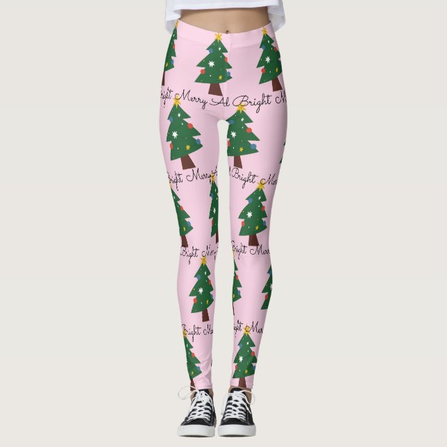 Leggings Joyeux Joyeux Peint Et Arbres De Noël Lumineux Sur (Devant)