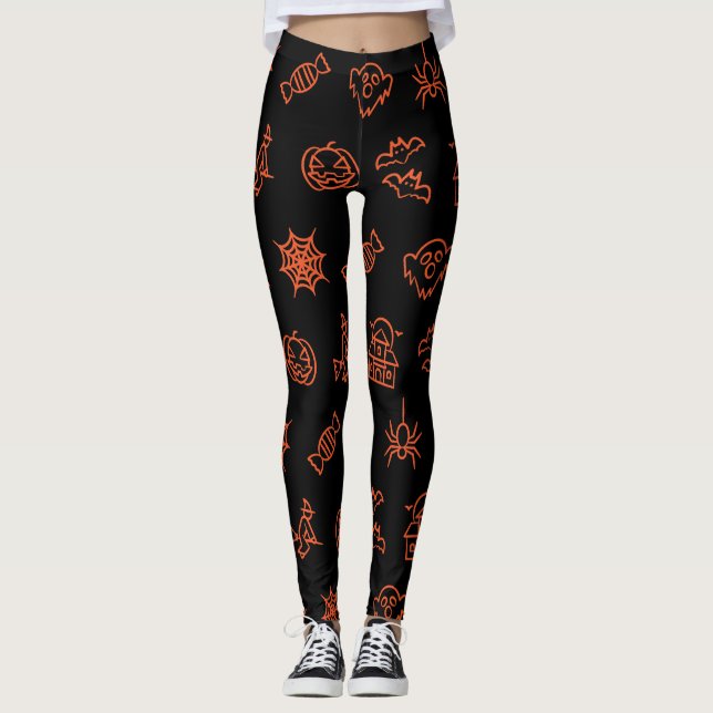 Leggings Joyeux motif d'Halloween déplaisant - Noir et oran (Devant)