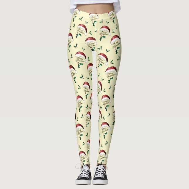 Leggings Joyeux Noël chapeau de Noël Rouge or Vert Éclats (Devant)