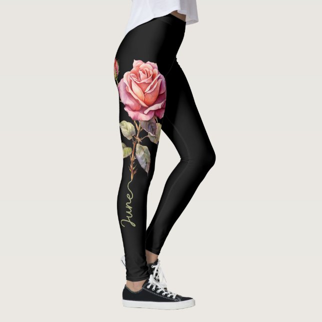 Leggings Juin Fleur de naissance, Blush et Rose sur Noir (Droite)