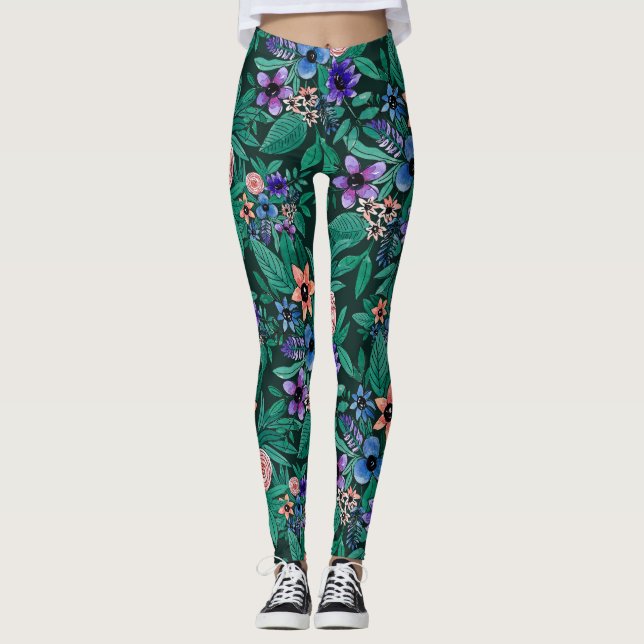 Leggings Jungle Vert Corail Aquarelle Verdure Motif (Devant)
