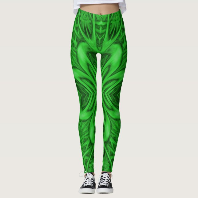 Leggings Kaléidoscope vert vintage de fractale de trèfle (Devant)