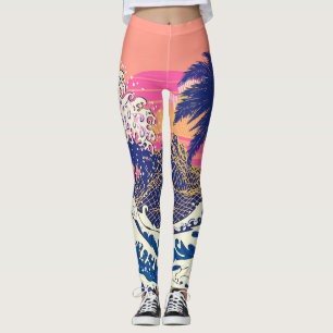 Leggings La grande vague des kanagawa et des palmiers