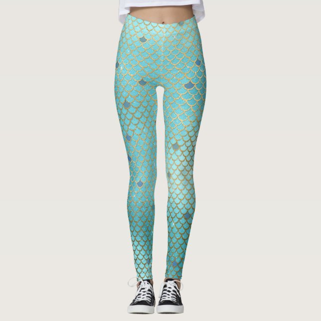 Leggings La sirène mesure l'or de Teal d'Aqua de motif de (Devant)