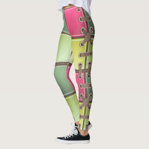Leggings lacets de chaussures art de mode rose et vert