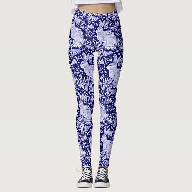 Leggings Lapin Motif Bleu foncé Oiseau Blanc Floral Unique (Devant)