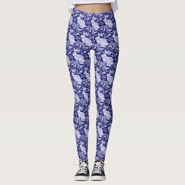 Leggings Lapin Motif Bleu foncé Oiseau Blanc Floral Unique (Devant)