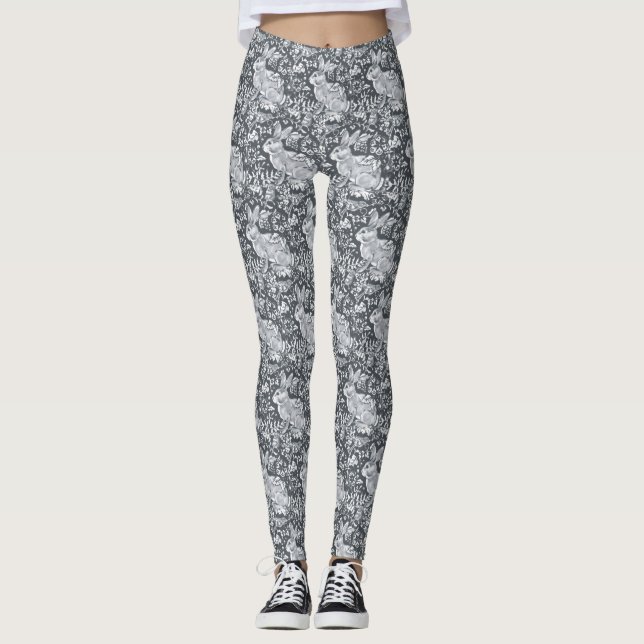 Leggings Lapin Motif Gris Blanc Oiseau Floral Décontracté (Devant)