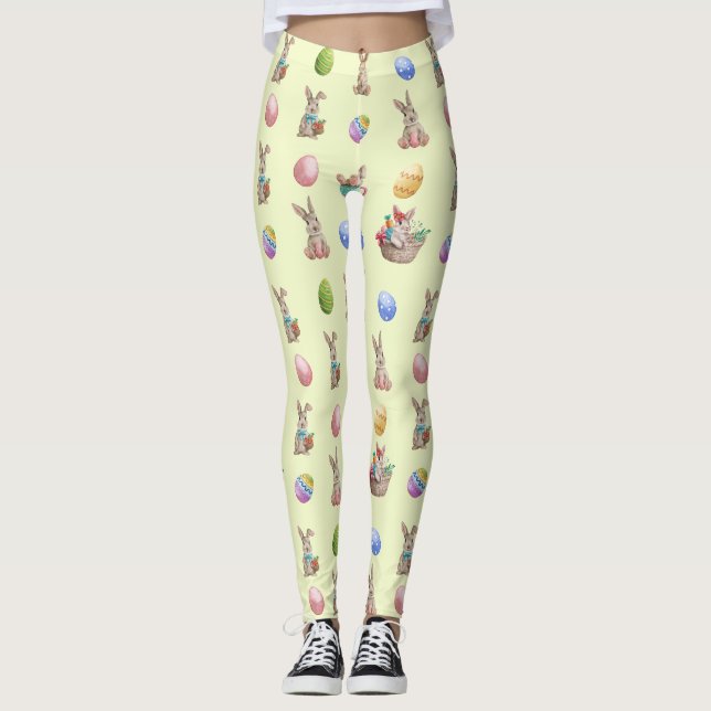 Leggings Lapins et oeufs de Pâques Motif sur Jaune (Devant)