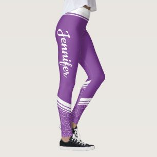 Leggings Lavande foncée rayures florales blanches et nom mo