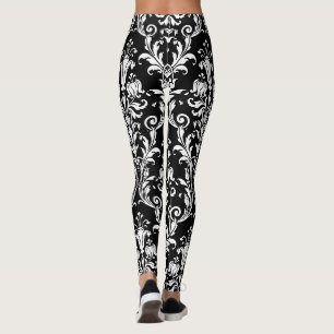 Leggings Le Blanc Sur Le Fleur Noir Frappe Le Damas