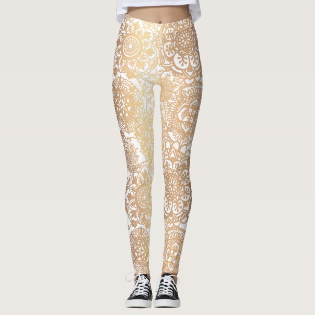Leggings Le Mandala Motif Yoga en or et blanc (Devant)