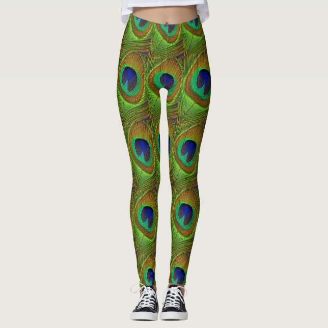 Leggings Le yoga halète le vert bleu de plumes de paon de (Devant)