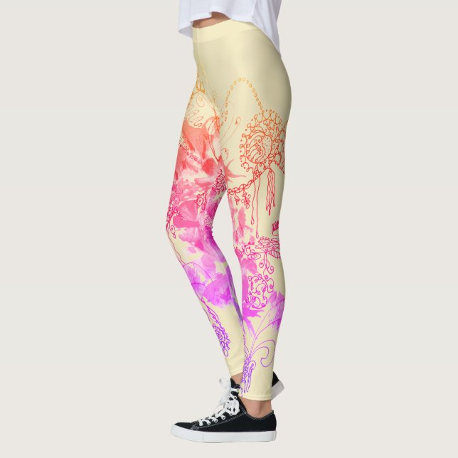 Leggings Légendes Abstraites florales violettes et roses (Gauche)