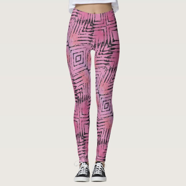 Leggings Légendes Abstraites tribales roses et noires (Devant)