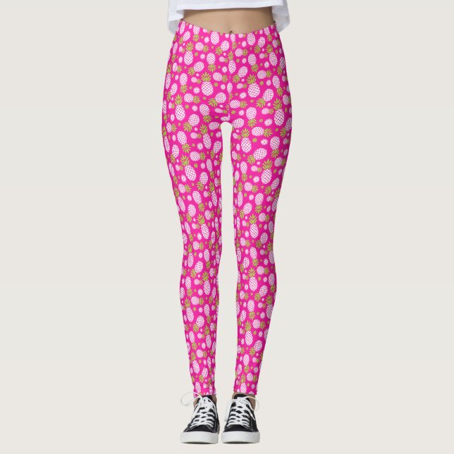 Leggings Légendes de fleurs d'ananas rose vert et blanc (Devant)