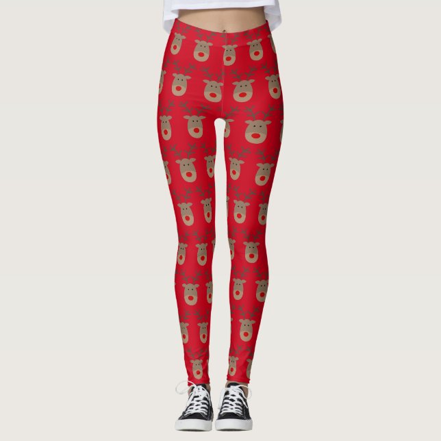 Leggings Légendes de Noël rouges amusantes avec rennes mign (Devant)