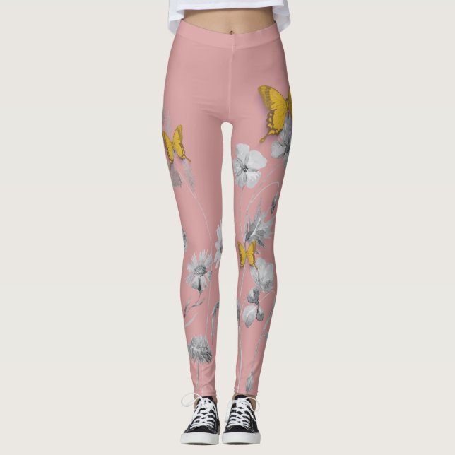 Leggings Légumineuses à fleurs roses et papillons (Devant)