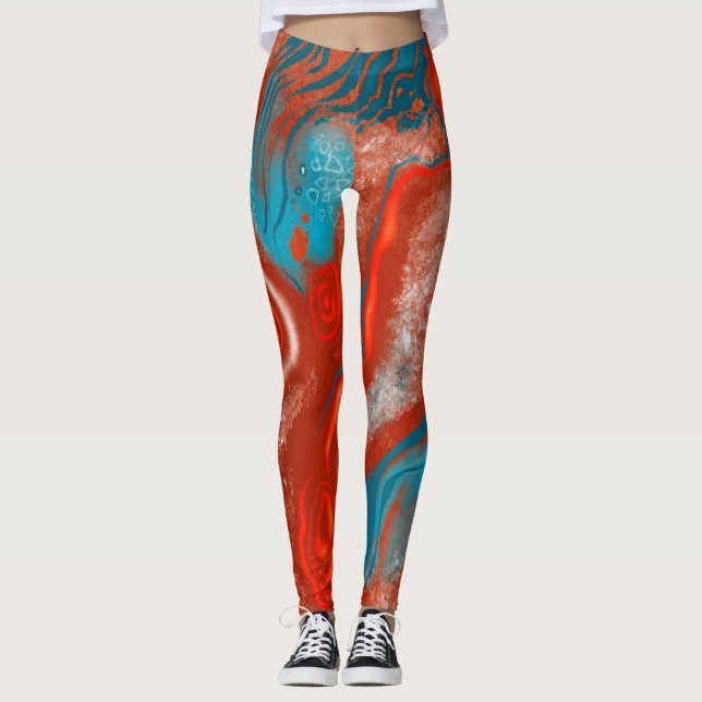 Leggings Légumineuses abstraites turquoise et feu (Devant)