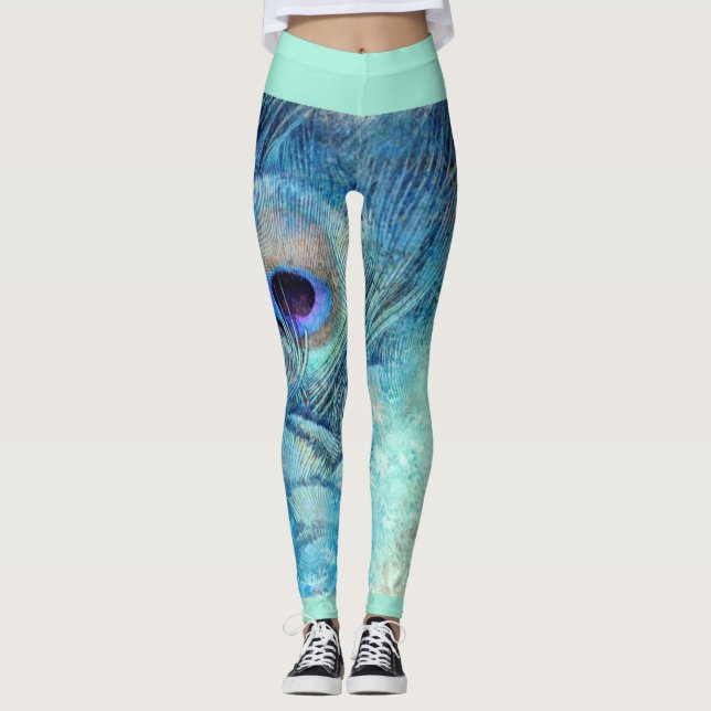 Leggings Légumineuses en plumes de paon marbre bleu turquoi (Devant)
