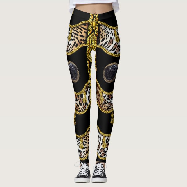 Leggings Léopard de la méduse noire et Tassel d'or noir (Devant)