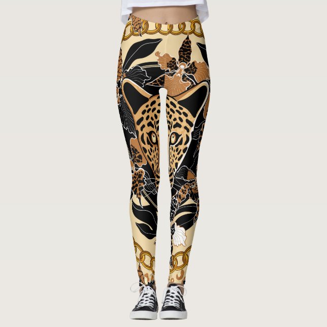 Leggings Léopard Orchidées Tropical Motif sans fil (Devant)