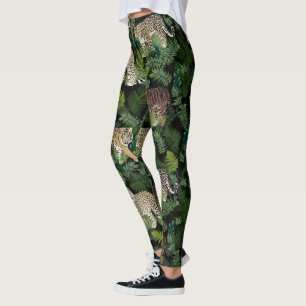 Leggings Léopards modernes Tigres Jungle Plante Black Desig