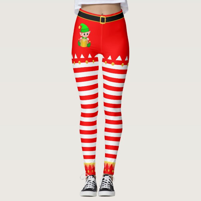 Leggings Les cloches Elf & Jingle de Noël en rouge blanc ra (Devant)