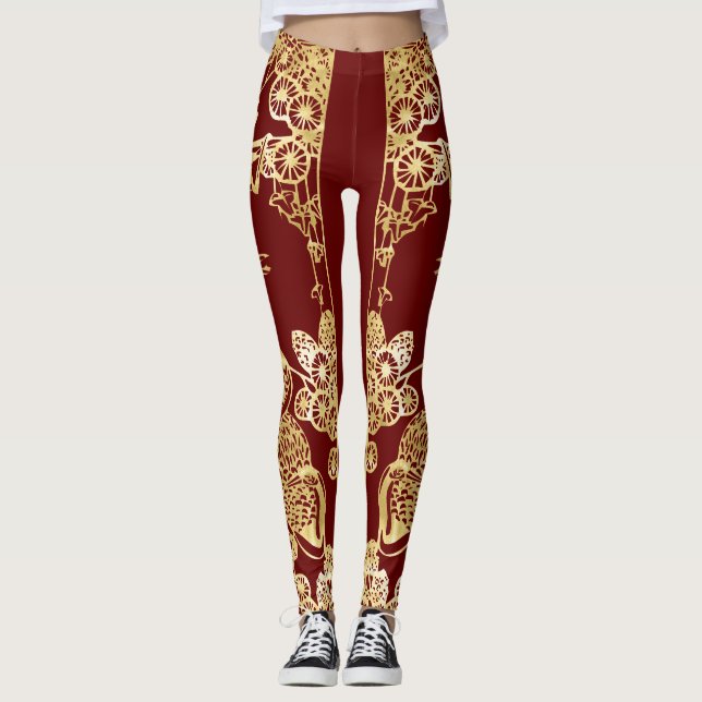 Leggings Les Graines d'or chinoises au-dessus du rouge (Devant)