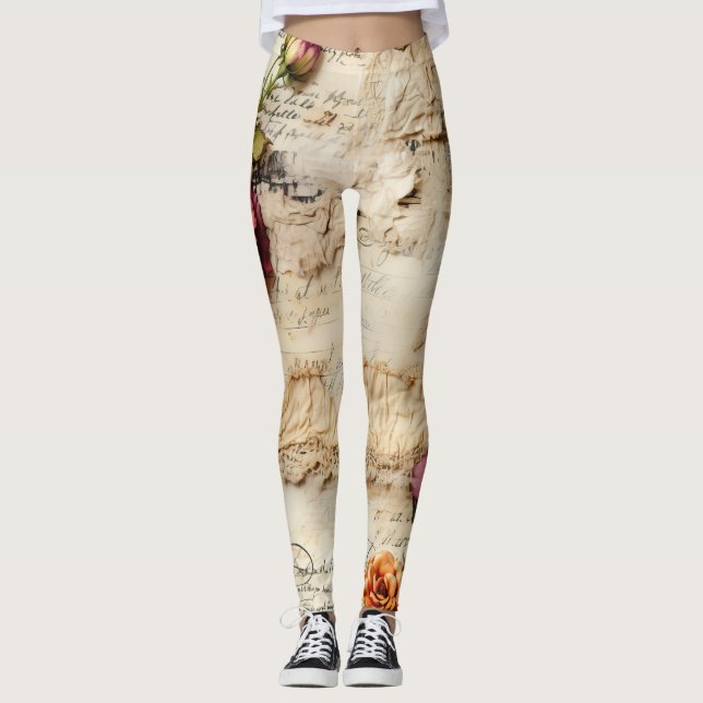 Leggings Lettre vintage d'amour parchemin avec fleurs (8) (Devant)