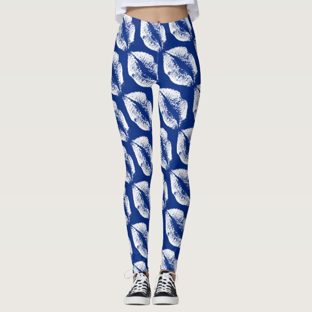 Leggings Lèvres blanches bleu moderne (Devant)