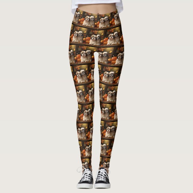 Leggings Lhasa Apso Chiot Automne Citrouille de plaisir (Devant)