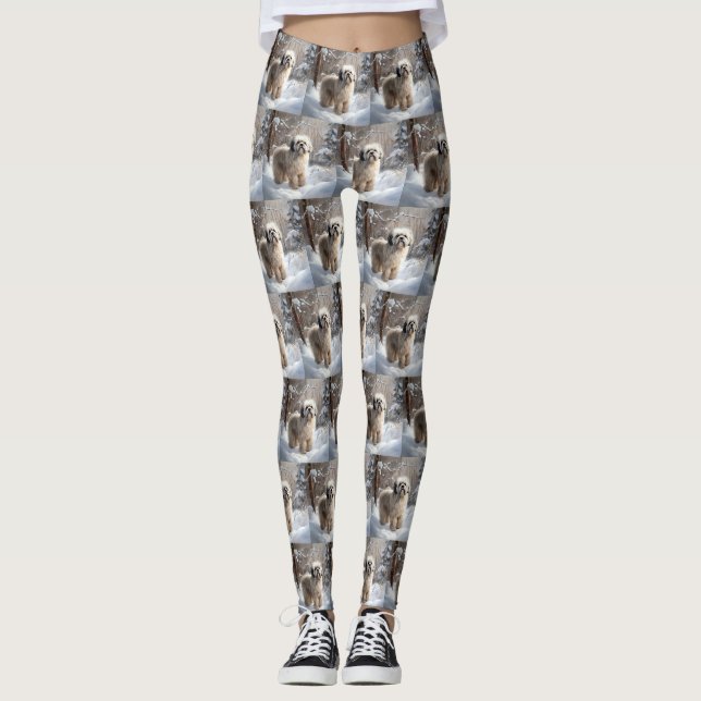 Leggings Lhassa Apso Laisse Neige Noël (Devant)