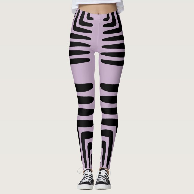 Leggings Lignes africaines violettes et épaisses en noir (Devant)