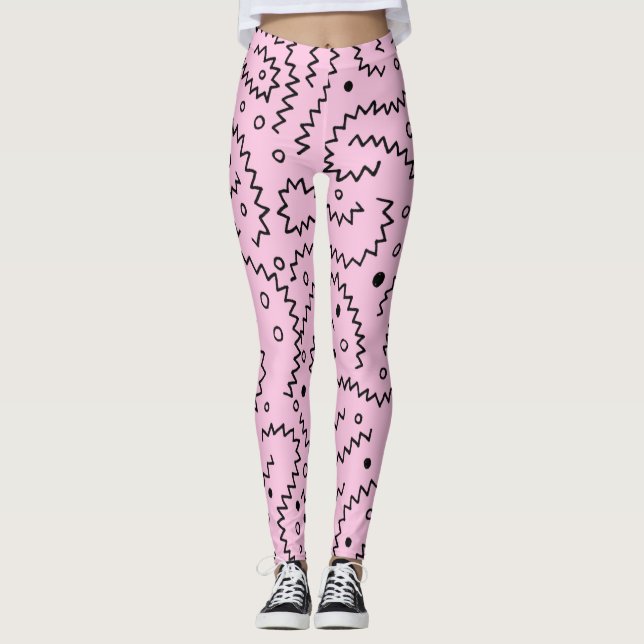Leggings Lignes de zigzag noir sur motif rose (Devant)