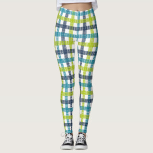 Leggings Lime Green, Navy et bleu turquoise Plaid