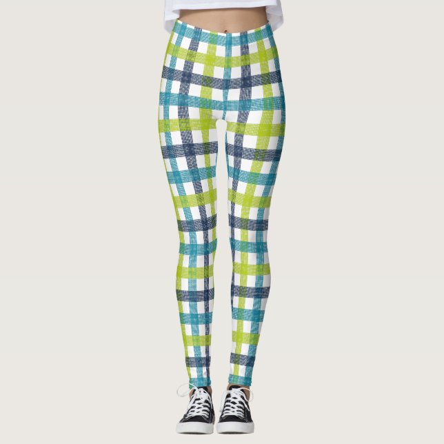 Leggings Lime Green, Navy et bleu turquoise Plaid (Devant)