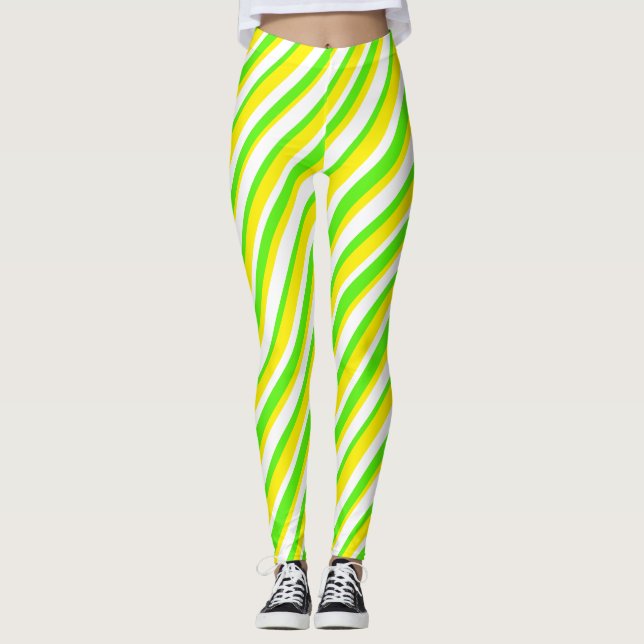 Leggings Lime Vert Jaune et blanc Abstrait rayures (Devant)