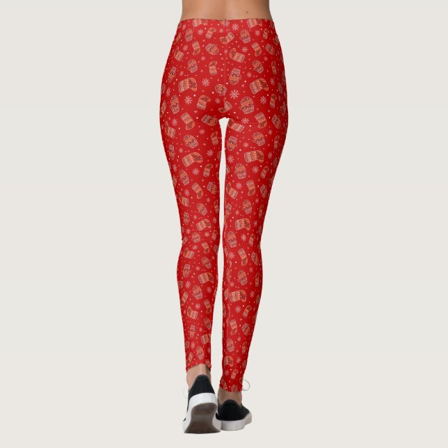 Leggings Longue Mittens de Noël rouge, Stockage & Snowflake (Dos)