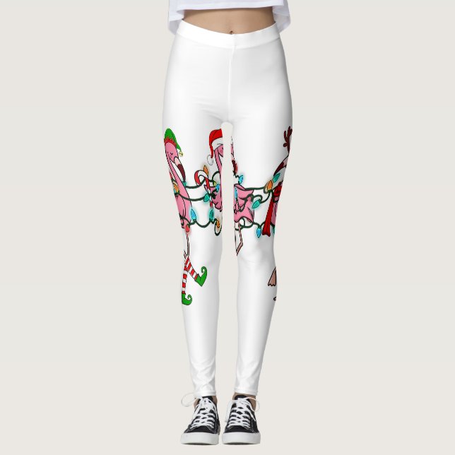 Leggings Lumières de Noël Flamant rose rose Santa Hat Holid (Devant)