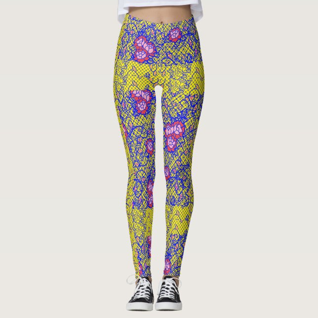 Leggings Lumineuse filet bleu avec fleurs 01 Jaune BG (Devant)