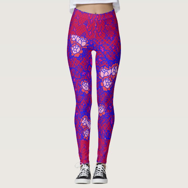 Leggings Lumineuse filet bleu avec fleurs 01 Rouge BG (Devant)