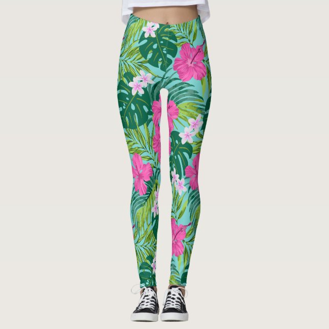 Leggings Luna Hibiscus Garden Hawaiian - Rose et Turquoise (Devant)